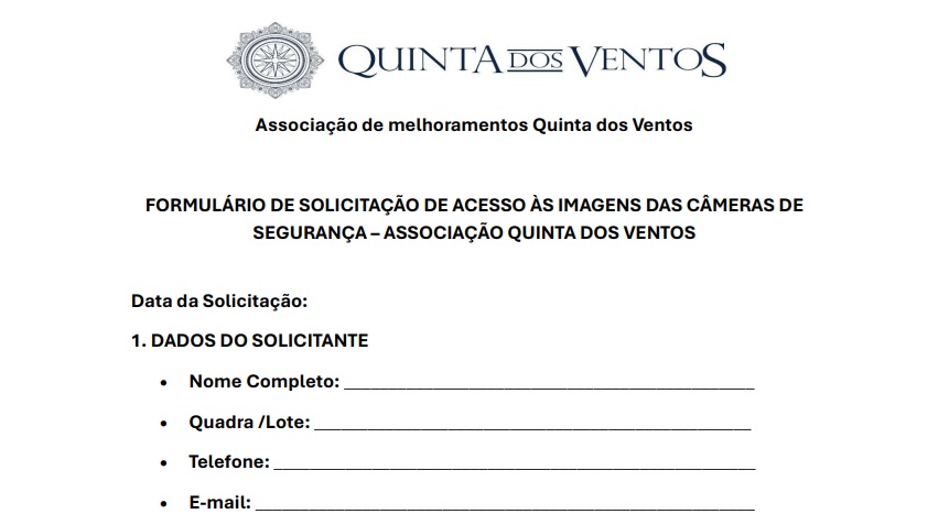 Formulário de solicitação de acesso às imagens das câmeras de segurança